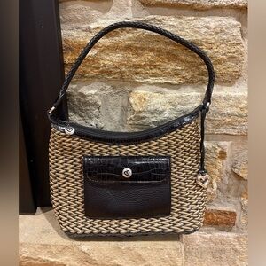 Brighton Vintage Raffia Woven Shoulder Hobo Bag Black Leather Trim & Heart Charm